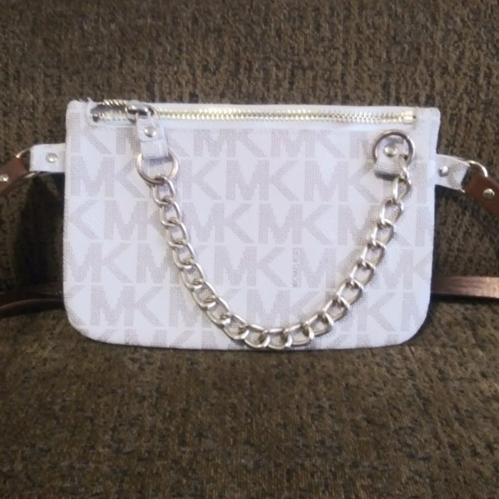 Michael Kors beige and gold chain zipper waist purse